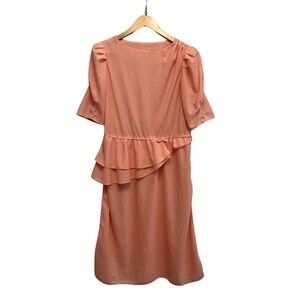 Vintage 80s‎ Peplum Party Dress Peach Pink Short Sleeves Buttons Wedding Retro S